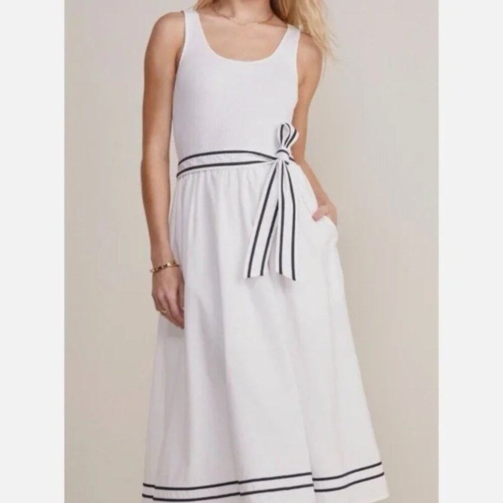 Vineyard Vines White Midi Dress with Black Trim and Sash